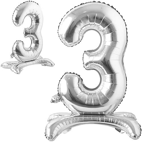 Stehende Luftballons * Zahlen 0 bis 9 * in Gold + Silber + Rosegold | 86cm groß; kein Helium nötig | Stehballons Geburtstag Deko Zahl Party Kindergeburtstag Partydeko, Farbe: Zahl 3 Silber
