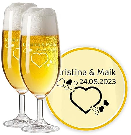 LALALO Leonardo Hochzeit Bierglas Geschenk-Set (2 St.) graviert, Biertulpe/Pilstulpe mit Gravur personalisiert als Hochzeitsgeschenk, Hochzeitstag, Standesamt (Herzenswunsch)
