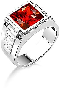 BySilverStone Jewelry Minimalistischer Siegelring Mit Rubinstein Für Männer Aus Sterlingsilber, Großer, Quadratisch Geschliffener Rubinsteinring Für Papa, Großer Klarer Rubin-Cocktailring Für Männer