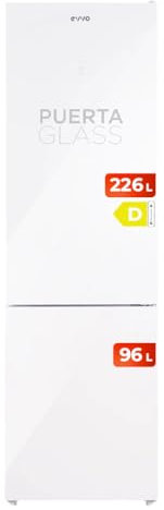 EVVO Frigorífico Combi No Frost, Capacidad Frigorífico 226 L Congelador 96 L, Motor Inverter, 60cm de Ancho, Clase energética D, Multi Air Flow, Luz Interior LED, Panel LED táctil, F55W Glass (Blanco)