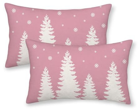 CXMEIFLY Christmas Pillow Covers 12x20 Inch Set of 2 Pink Cream Christmas Tree Snowflakes Decor Throw Pillows Winter Xmas Holiday Outdoor Lumbar Cushion Cases for Couch Bed Decorations