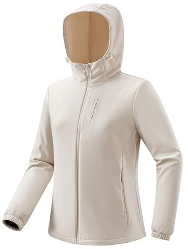 Momooda Femme Veste Softshell Imperméable avec Capuche en Polaire, Outdoor Blouson Coupe Vent avec fermeture éclair pour Randonnee Ski, Beige, XS