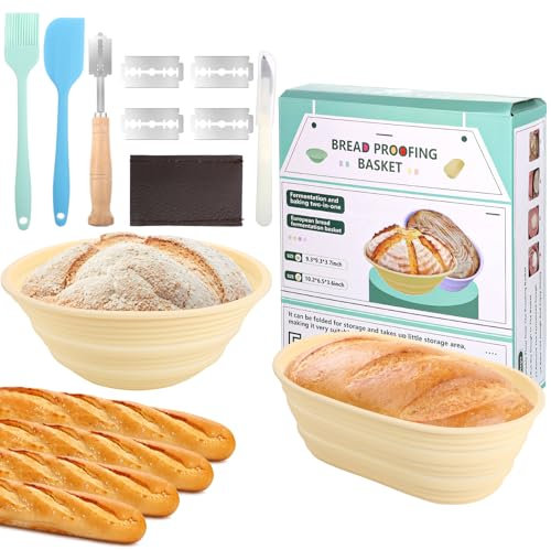 Silicone Bread Proofing Baskets Set of 2, 9 Inch Round & 10 Inch Oval Sourdough Banneton Basket Bread Baking Supplies Sourdough Starter Kit Include Bread Lame, Dough Scrapper, Silicone Basting Brush