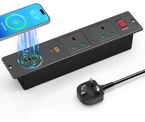 Airmom Recessed Power Strip with 15W Wireless Charging, Desk Power Socket with USB C 20W for Home Office Desktop, 2m Cable