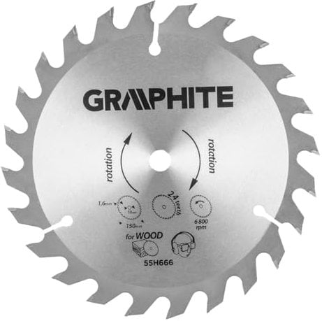 GRAPHITE Kreissägeblatt 150 x 10 mm 1.6mm ideal für Holz - Sägeblatt, Widia - Hergestellt aus Manganstahl MN65 (aus Hartmetall, 150 mm Durchmesser, 10 mm Sägeblattbohrung, 24 Zähne)