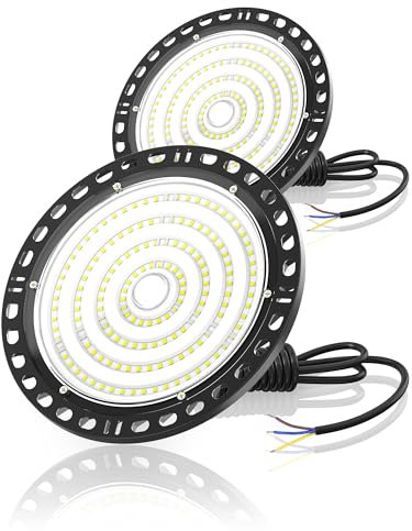 HAPYLUMI 100W UFO Lámpara de Alta Bahía, 2PCS 10000LM Focos LED Interior Techo 6500K Naves Industriales IP65 Impermeable Campana LED Iluminación Comercial Para Garaje Fábrica Taller