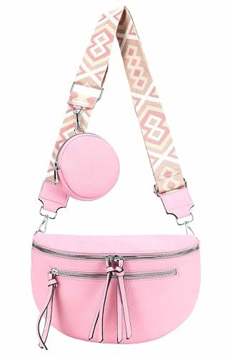 ITALYSHOP24 Damen Tasche Umhängetasche Brusttasche Muster Gürtel Bauchtasche Crossbody Gürteltasche Hüfttasche Crossover Bodybag Schultertasche Handytasche Leder Optik Babyrosa M