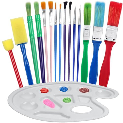 ZGTS 16Pcs Paint Brushes for Kids,Painting Brushes Set with Paint Palettes Round, Colorful Paint Brushe for Children Toddlers Beginners, Arts Paint Brushes for Oil, Watercolor, Face,Acrylic
