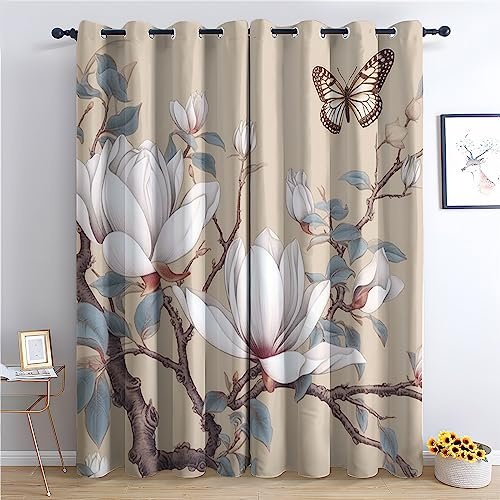 Generisch Vorhänge Beige Muster - Schmetterling Blumen Fenster Gardinen mit Ösen, Vorhang Blickdicht Verdunklungsvorhänge Thermovorhang für Wohnzimmer Schlafzimmer Deko 2er Set, H 166 x B 75 cm V-&27