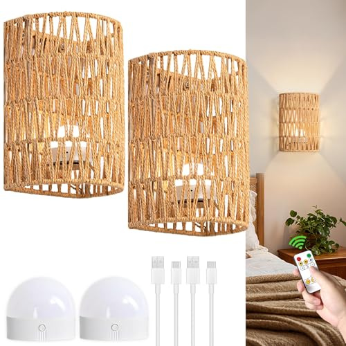 Espossi Battery Wall Sconces Set of 2, Rattan Rechargeable Wall Sconce, Boho Wireless Wall Lamp with Remote, Battery Operated Sconces for Bedrooms, Hallway, Living Room