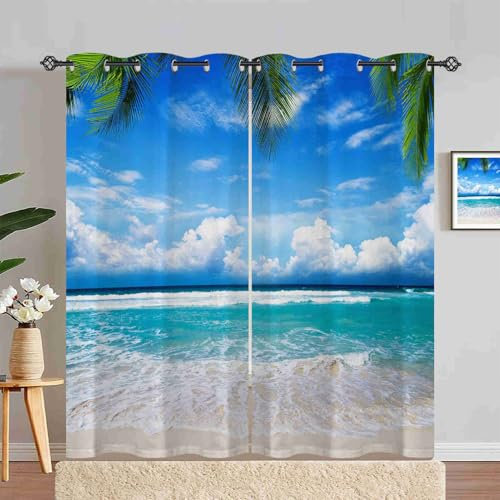 ANHOPE Tropisch Ozean Strand Palmen Blickdichte Gardinen mit Ösen Thermo Vorhänge Weich Vorhang Blackout Curtain Wohnzimmer Schlafzimmer Verdunklungsvorhänge 2er Set H 245 x B 140 cm