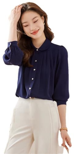Camicette da Donna Eleganti con Colletto alla Peter Pan Camicie da Lavoro da Ufficio Camicia Blu Navy Navy Blue 3XL