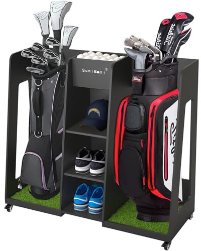 Golf Bag Organizer for 2-Bags Storage - Wooden Golf Bag Stand Rack with Wheels, Heavy Duty Space Saving Golf Club Holder, for Golfers, Husband, Father