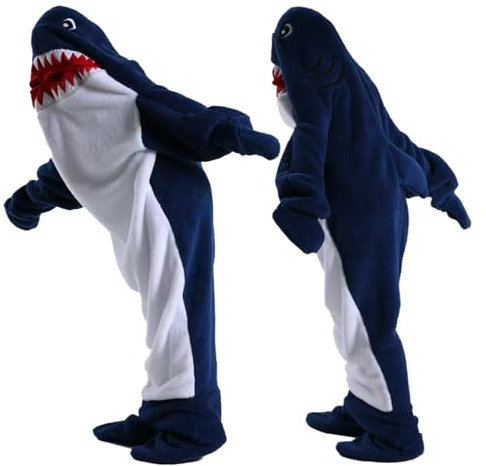 HULG Hai Decke,Hai Decke Hoodie, Kuscheldecke Mit Ärmeln Flauschig Wohndecke,Hai Decken Kapuzenpullover,Hai Overall Onesie (Navy blue,XL)