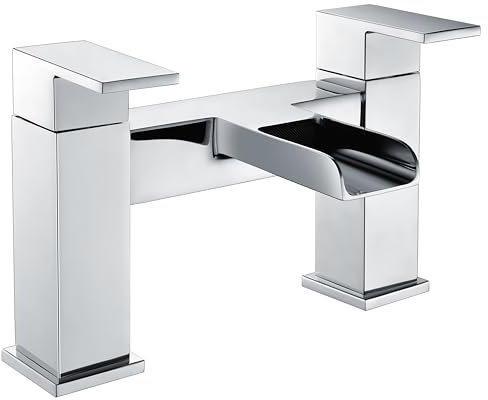Balterley Chrome Bath Filler Tap, Deck Mounted Bathroom Tap Mixer Filler with Twin Lever Handles, Square Bridge Waterfall Spout Bathroom Taps, Durable Waterfall Bath Mixer Taps (Chrome)