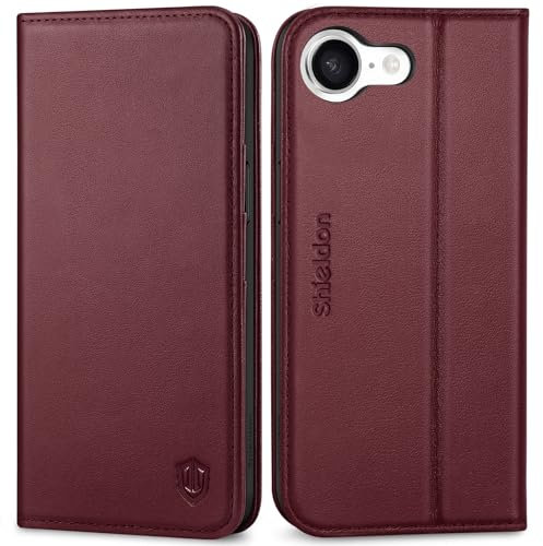SHIELDON Wallet Phone Case for iPhone 16e 5G 6.1 2025, Genuine Leather Flip Case [Card Slots][Kickstand][RFID Blocking][Magnetic Closure] Shockproof Folio Cover Compatible with iPhone 16e - Wine Red