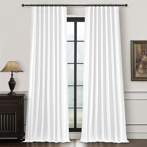 QJmydeco 100% Blackout Elegant Curtains 95 Inch 2 Panel Set for Living Room/Sunroom Thermal Insulated Custom Curtains for Windows Boho Farmhouse Drapes Office Hook Belt Pleated/Back Tab BrightWhite