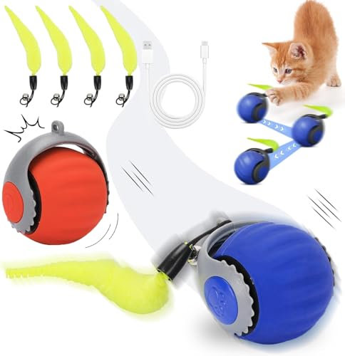 Starnearby 2025 Neu Speedy Tail 3.0 2 Stück Interaktives Katzenspielzeug Ball Elektrisch Interaktiver Spielball für Katzen Chase Master Pro Katzenspielzeug Katzenball mit 4 Ersatzschwanz (Blau+Orange)