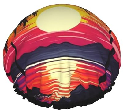 Duschhaube mit Palmen-Sonnenuntergang-Design, wiederverwendbar, wasserdicht, Duschhaube für Damen und Herren, elastisches Band, Badehaarmütze, doppellagig, waschbar, Badekappe für alle Frisuren