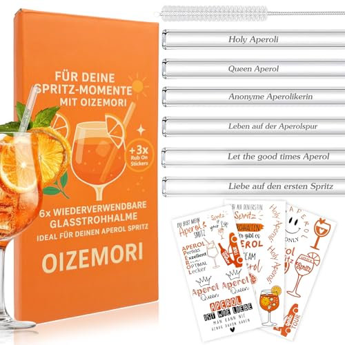 6 Stück 20cm Glasstrohhalme Aperol Spritz, Wiederverwendbar Glas Strohhalm Aperol Spritz Geschenkset mit Reinigungsbürste und 3 Rub On Sticker, für Cocktails, Smoothie und Säfte