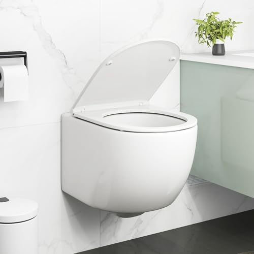 COSTWAY Wand WC spülrandlos, Keramisches Hänge WC mit Toilettensitz, 4L/6L Dual-Spülsystem, Absenkautomatik & Urea-Formaldehyd-Toilettendeckel, Wand Toilette Komplettset glänzend weiß 52,5 x 36 x 36cm
