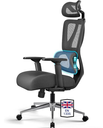 MELOKEA Ergonomic Office Chair with 3D Lumbar Support & Spring Cushion Seat | 3D Armrests, 3-Position Tilt Lock, 5cm Thick Seat Cushion, Extra-Wide Headrest, 150kg Capacity, EN12520