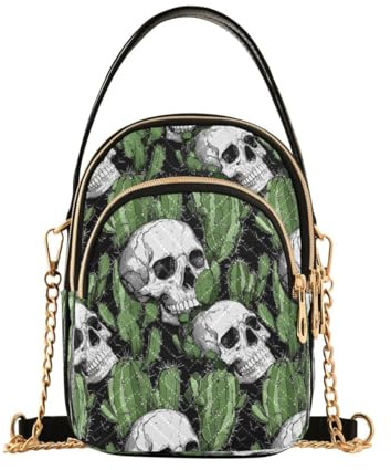 Mnsruu Vintage Kaktus Totenkopf Crossbody Tasche Kleine Schulter Handtaschen Leder Geldbörse für Damen