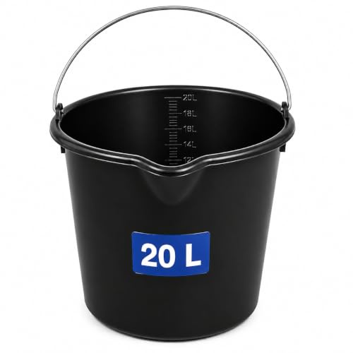 Baueimer 10er Set 20-Liter Schwarz - robuster Mörteleimer Betoneimer mit Skala aus Recycling Kunststoff PE mit Metallhenkel für Baustelle und Garten - BAU Eimer & HLKauf-Block