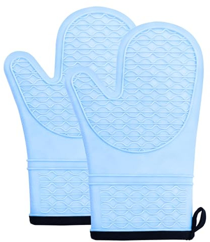 2PCS Heat Resistant Oven Gloves, Non-Slip Silicone Mitts with Soft Lining | for Baking, Cooking, BBQ, Kitchen Use, Blue