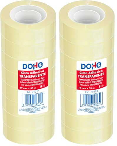 DOHE - Transparentes Klebeband, 8 Stück, 1,9 cm x 33 m, zum Verpacken von Kartons, Versand oder Umzug, starker 45 Mikron Kleber, Büromaterial (Packung mit 2)