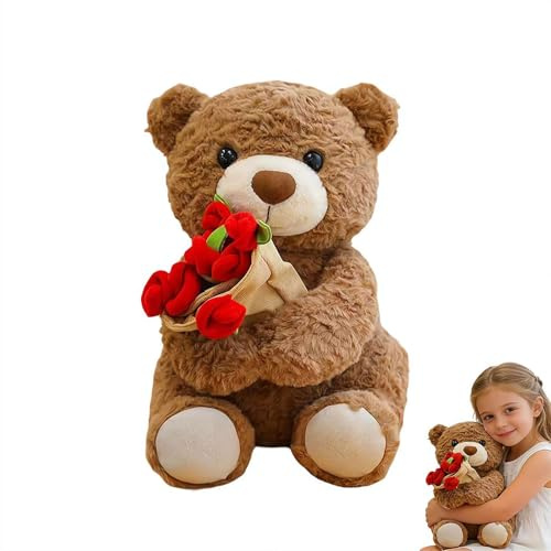 Ours en peluche avec rose rouge, cadeau doux pour petite amie ou amis, avec un charmant bouquet de fleurs, animal en peluche romantique pour la Saint-Valentin ou les occasions spéciales
