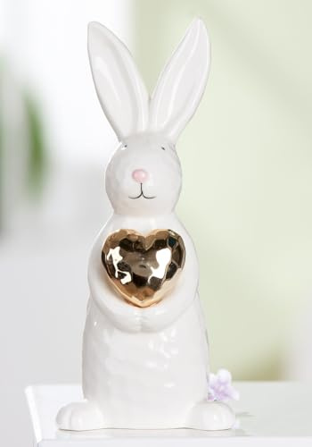 MF Osterhase Hoppy Herz Dekofigur, Weiß und Goldfarben, Keramik, 21.5 cm Höhe, Glasierte Oberfläche, Frühlingsdekoration