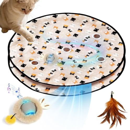 Cat Toy,Interactive Cat Toys for Indoor Cats Adult 5 Holes Maze Mat Automatic Moving Ball Kitten Toys in Pouch Will Emit Bird Call Feather Tail Touch Activation Smart Mouse Catching Game(Grey)
