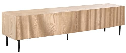 Meuble TV Moderne en MDF Placage Bois de Frêne avec 2 Tiroirs et Façade Striée Meuble de Salon Bois Clair Blythe
