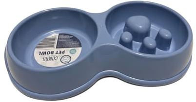 Pet Guru Combo Double Pet Bowl, Slow Feeder and Water Bowl for Cats and Small Dogs (Blue)
