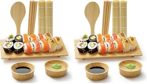 Navaris Kit para Hacer Sushi - Set Completo de Utensilios de Bambú de Maquina Sushi Maker en Casa - con Bandeja Esterilla Molde Palillos Soportes Cuencos y Paleta para Arroz (Paquete de 2)