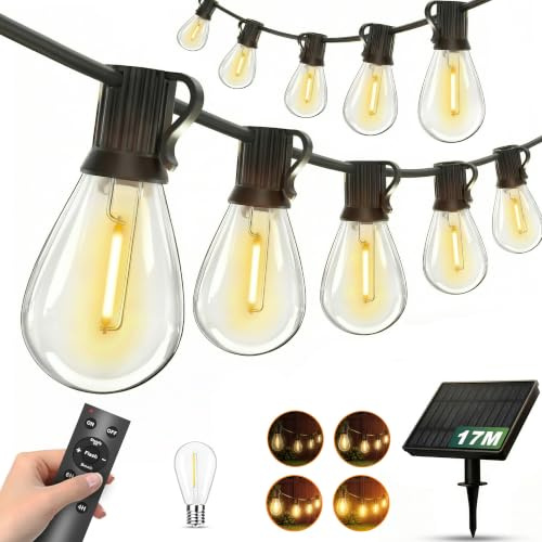 Pesken Solarlichterkette 16,8 m mit USB Ladung & Fernbedienung dimmbar, Timer, Dämmerungssensor, 3 Leuchtmodi, Außenleuchte für Terrasse, Balkon, Garten, Hof, Party, Camping