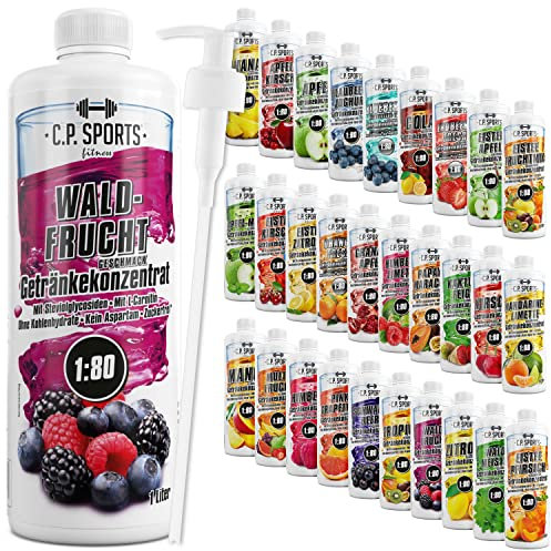 C.P. Sports Getränkesirup für Mineraldrink I Sirup zuckerfrei für Vital-Drink WALDFRUCHT mit Vitaminen I Getränkekonzentrat zum Mischen mit Wasser für Sport-Getränk I 1 Liter + Pumpspender