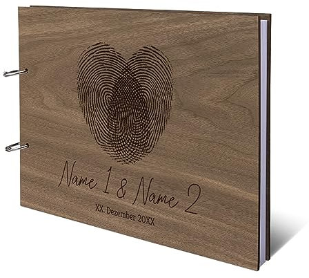 Hochzeit Gästebuch Nussbaum Holz Gravur individuell Holzcover mit 144 Naturpapier Innenseiten DIN A4 quer 305 x 215 mm - Fingerabdrücke