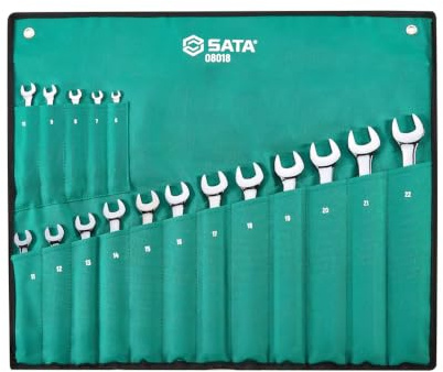 SATA ST08018-02 Ringmaulschlüssel, Gabelringschlüssel, Gabelschlüssel, Schraubenschlüssel Set metrisch 6-22 mm gekröpft und poliert aus CR-V-Stahl in praktischer Roll-Tasche 17 Tlg.