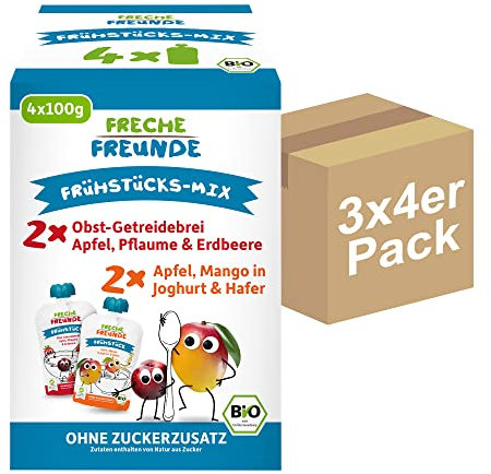 FRECHE FREUNDE Bio Quetschie Banane, Erdbeere & Quinoa, Fruchtmus im Quetschbeutel für Kinder und Babys ab 6 Monaten, glutenfrei & vegan, 2x 6er Pack (12 x 100g)