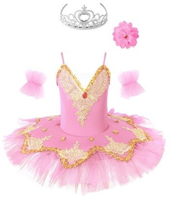 MSemis 3tlg. Mädchen Ballettkleid Schwan Ballett Kostüm Tanz Trikot mit Mesh Tutu Kleid Kinder Ballettkleidung Gr. 98-164 A Rosa 122-128