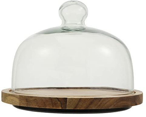 Yardwe Cake Stand with Dome Lid Rotating Small Clear Glass Cake Cover Cheese Cloche Dome with Wood Serving Tray for Birthday, Wedding, Party 20.5cm