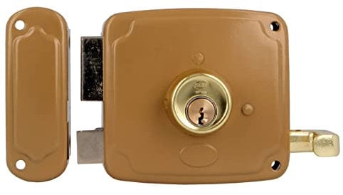 Amig - Cerradura de Sobreponer de Izquierda con Palanca de Cierre, Lengüeta y Tirador - Acero Dorado - Medida: 100 x 95 mm - Ideal para Puertas de Madera de Entrada o de Paso