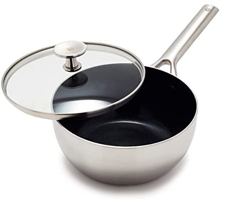 Blue Diamond Triple Steel Edelstahl Keramik Antihaft, 20 cm/2,4L Stielkasserolle mit Deckel, Tri-Ply, PFAS-frei, Mehrschichtig, Induktion, Spülmaschinenfest, Backofenfest, Silber