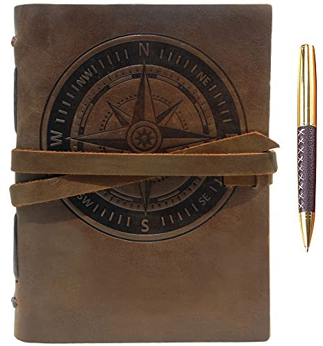 Sovereign-Gear Leder Notizbuch A5 Tagebuch Journal Geprägt Kompass Handgefertigte Reisetagebuch, Vintage Notebook Für Männer Frauen Antik Rustikal Echtes Leder 21X15Cm Geschenk Sketchbook Reisende