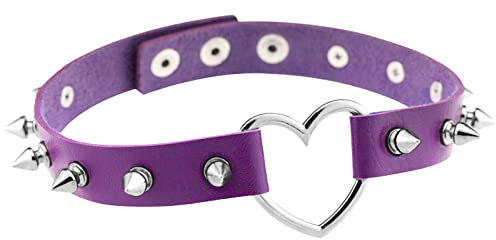 Flongo Tattoo Choker Leder Halsband Lederhalsband Damen Kragen Halskette Anhänger Kette mit Nieten Herz Gothic Punk Rock für Frauen Lila
