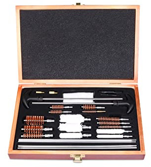 Fayelong Kit Pulizia Armi Universale Kit Pulizia Fucile Pistola per Tutti i Calibri 9x21 9x19/5.56mm 9mm/Calibro 12, Accessori per Fucili da Caccia con Custodia in Legno
