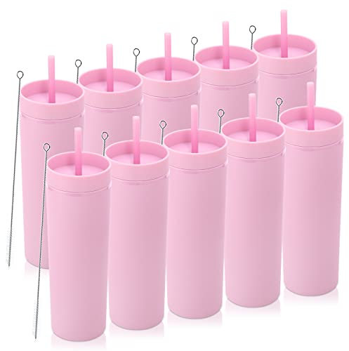 Volhoply 600 ml Trinkbecher mit Deckel und Strohhalm Zehnerpack,20oz Doppelwandiger Wiederverwendbar Reisebecher Kinder,BPA-freier Matte Pastellfarben Acryl-Plastikbecher für Geschenk(Rosa,10 Stück)