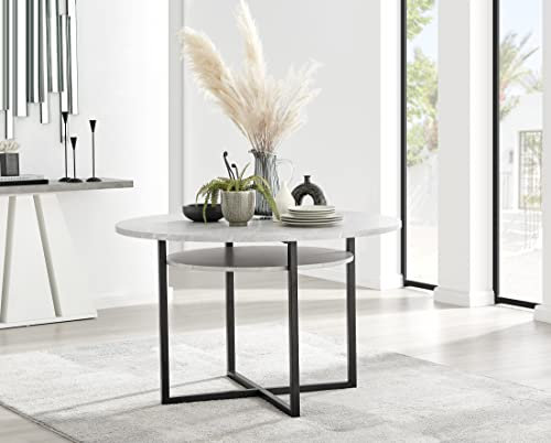 Furniturebox UK Dining Table - Adley Round Dining Table With Storage Shelf - Contemporary Matte Grey Concrete Finish With Black Metal Legs - Industrial Modern Style - Dining Room Furniture